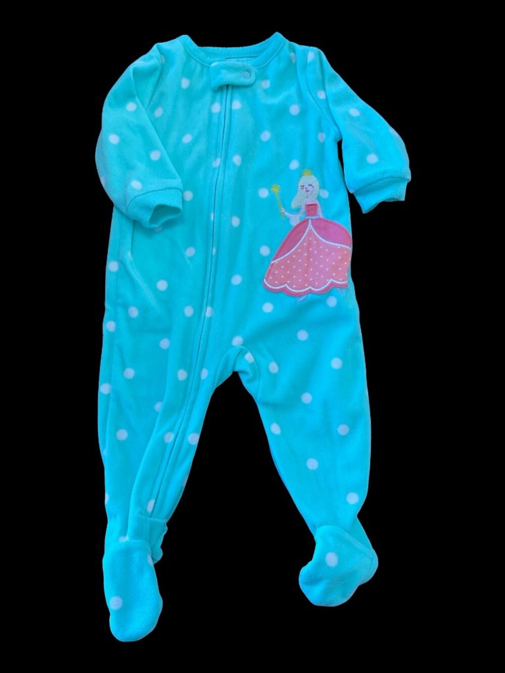 🌻10/$25 - Aqua/White Polka Dot Print Fleece Sleeper w/ Princess Applique